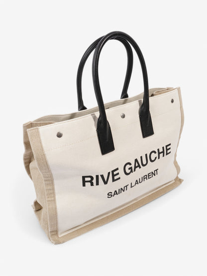 Saint Laurent Rive Gauche Tote White / Black / Greige Canvas Large