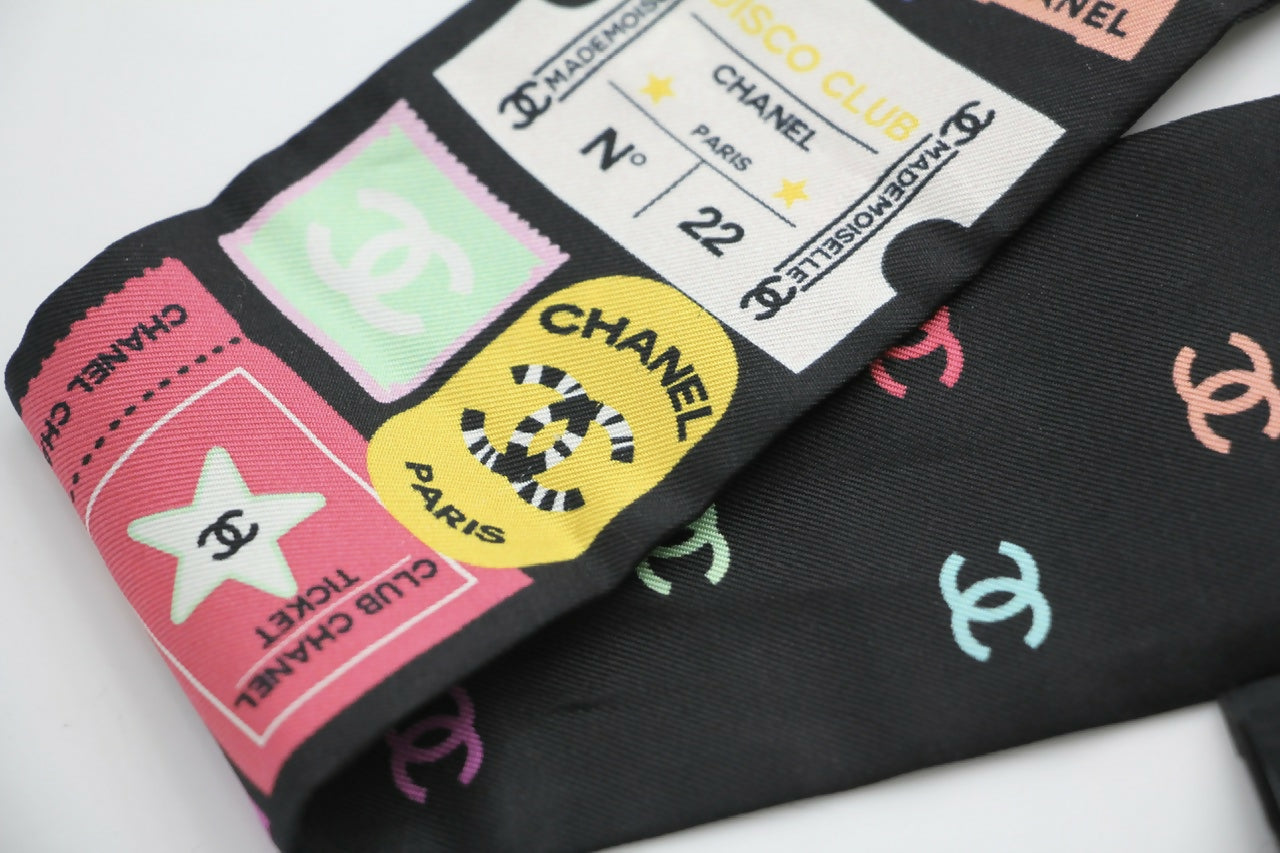 CHANEL 100% Slim Silk Scarf Bandeau Twilly CC Mark Scarf in Multicolour