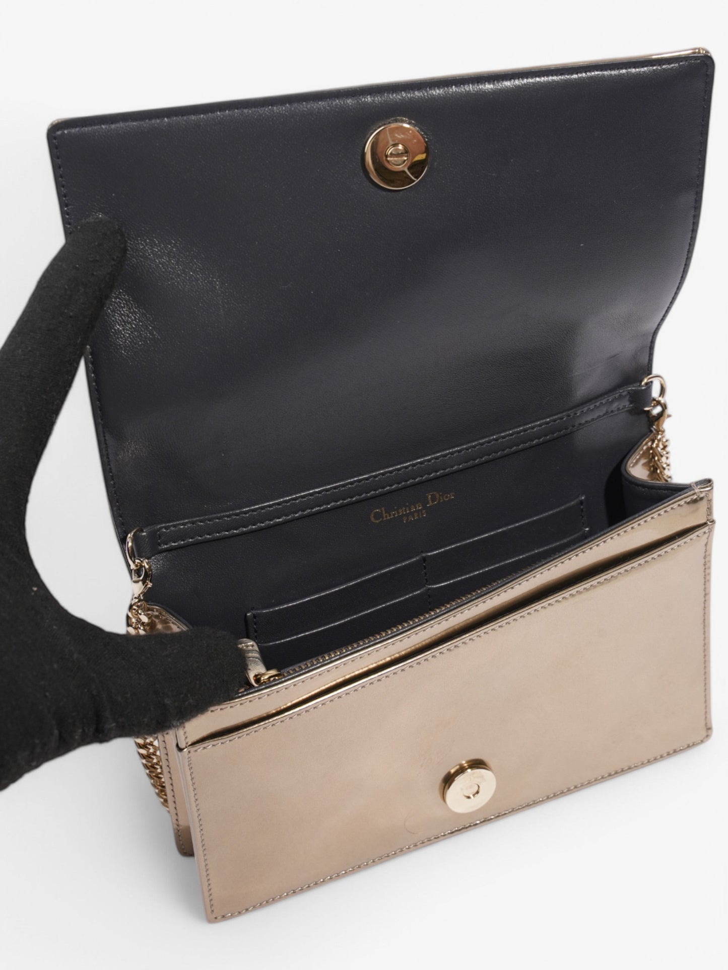 Christian Dior Diorama Wallet On Chain Metallic Gold Patent Leather