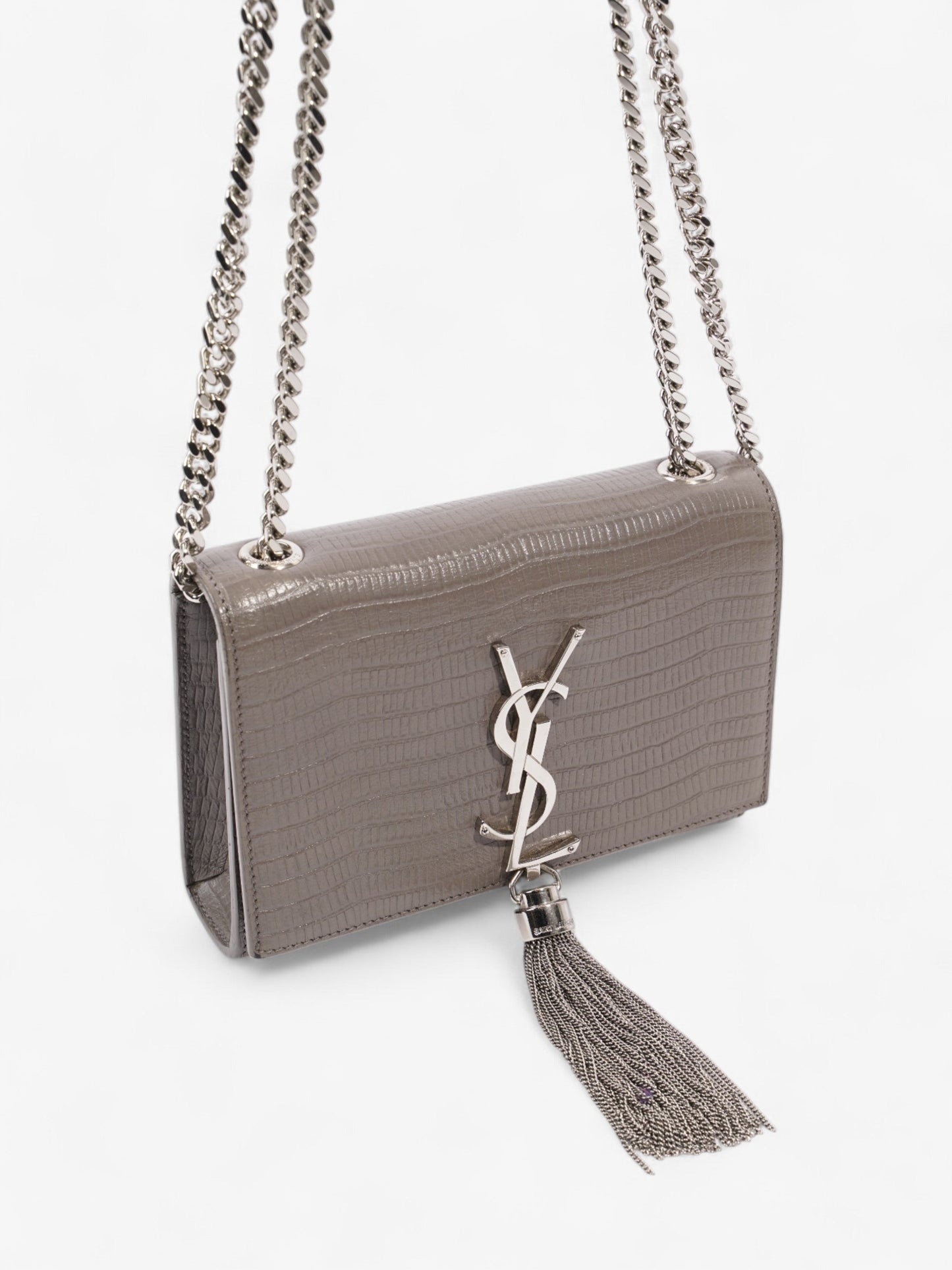 Saint Laurent Kate Tassel Grey Embossed Leather Small