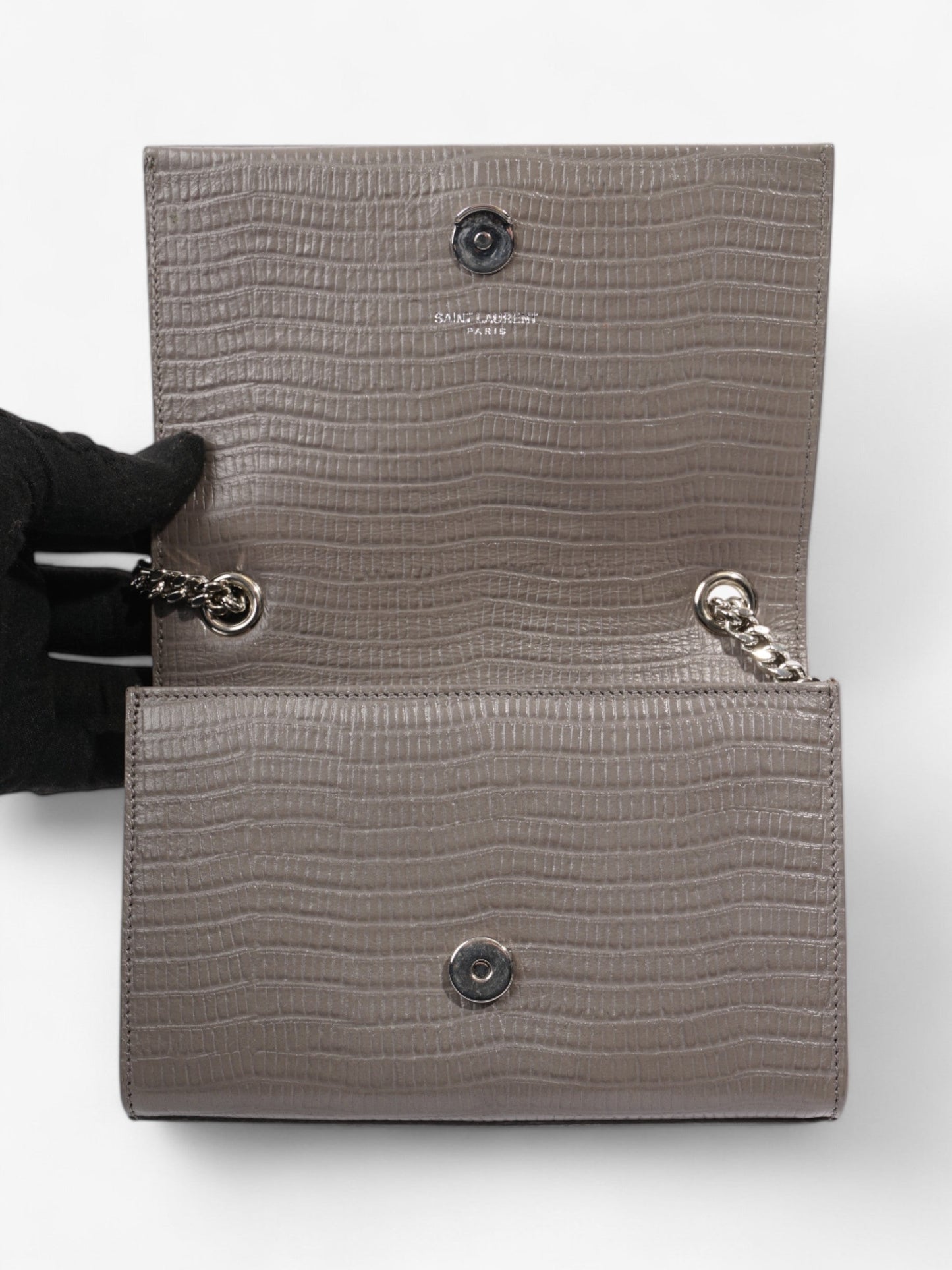 Saint Laurent Kate Tassel Grey Embossed Leather Small