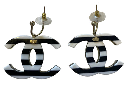 Rare Chanel 05A Oversized Large Black White Striped Resin Pearl Enamel CC Earrings