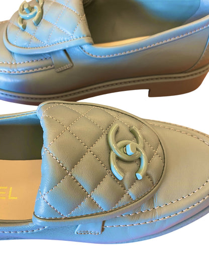 Chanel 23P Baby Blue Leather Quilted CC Turn Lock Loafers EU 41C