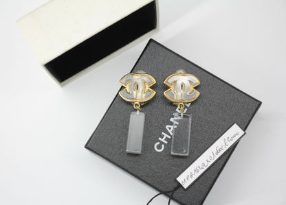 Chanel Vintage 01P Acrylic Rectangular Ice Cube Dangle Clip-on Earrings