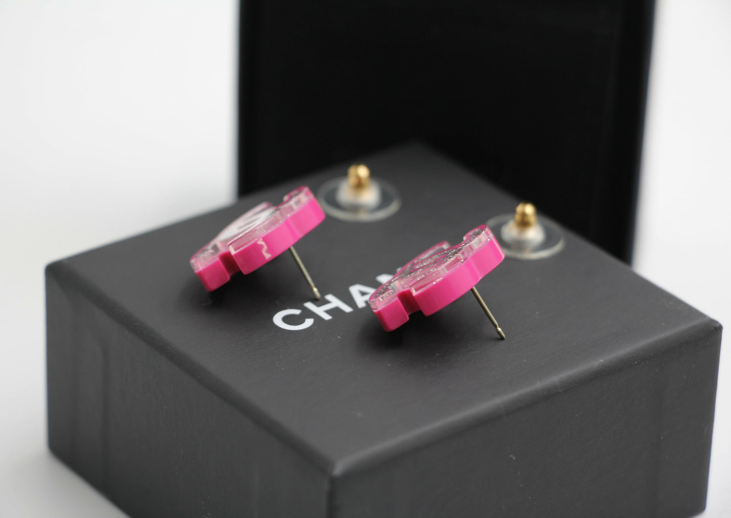 Chanel 2018 Resin Silver Glitter Pink Stud Earrings
