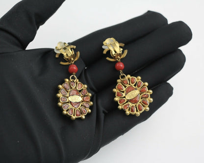 Chanel Vintage 93A Gripoix Gold-plated Red Dangle Clip-on Earrings