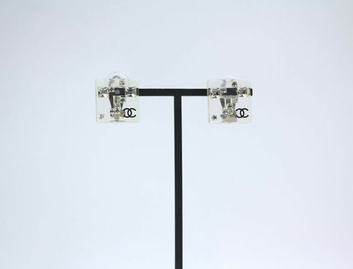Chanel Vintage 05A Rhinestone Acrylic Transparent Square Earrings