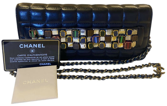 Chanel 11A Paris-Byzance Black Chocolate Bar Lambskin Leather Jeweled Clutch Minaudière Bag