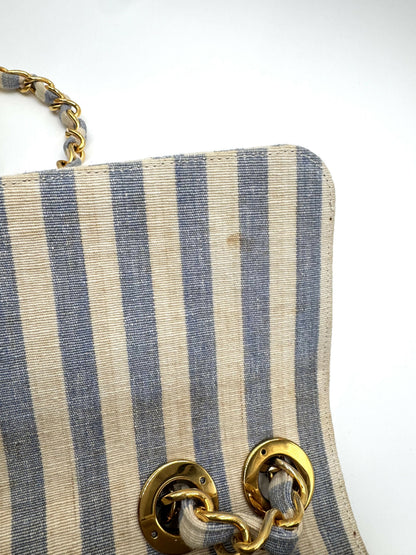Chanel Vintage 1990s Jumbo Blue and White Striped Linen and Cotton Classic Flap Bag