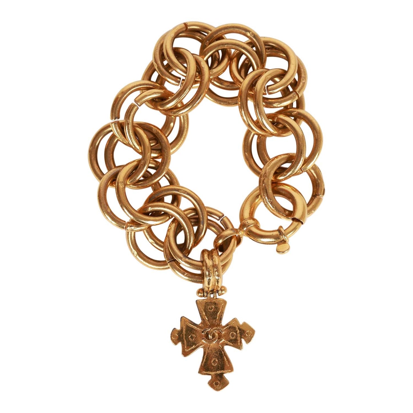 Chanel Vintage 24K Gold Plated Double Link CC-Logo Maltese Cross Charm Bracelet