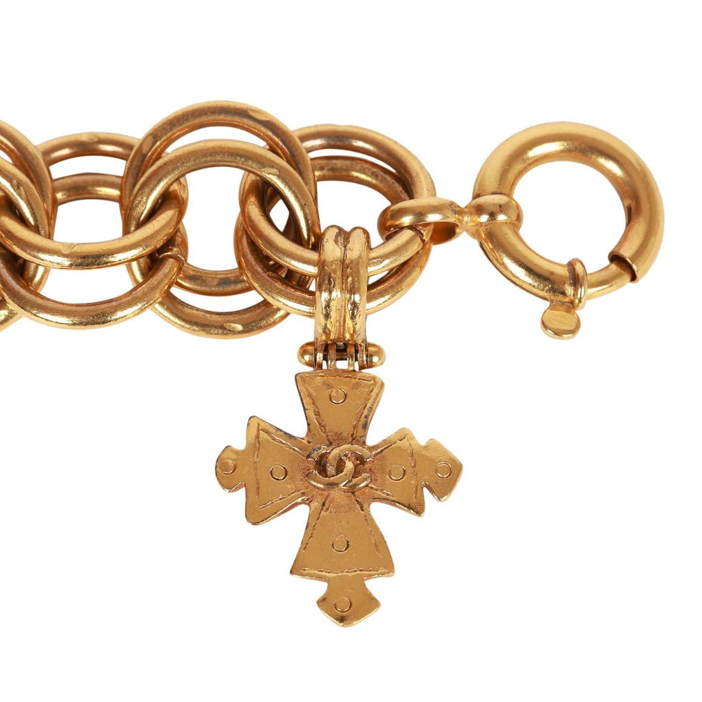 Chanel Vintage 24K Gold Plated Double Link CC-Logo Maltese Cross Charm Bracelet