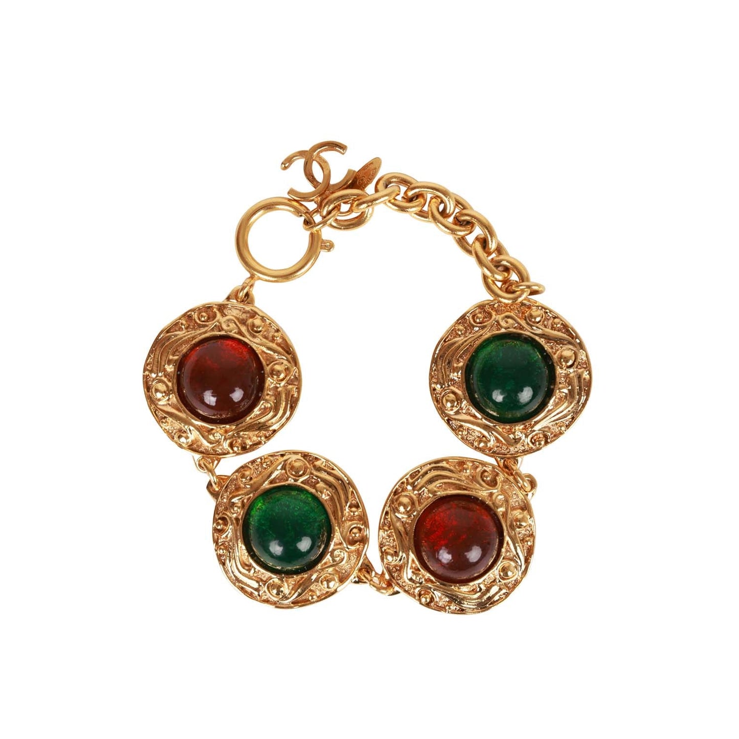 Chanel Vintage Gold, Green and Red Gripoix Medallion Bracelet