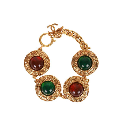 Chanel Vintage Gold, Green and Red Gripoix Medallion Bracelet