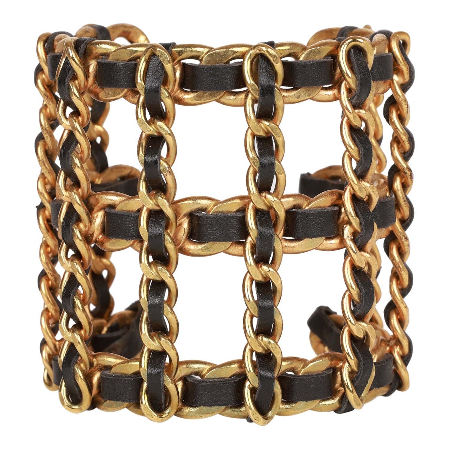 Chanel Vintage Gold Chain and Black Leather Cuff Bracelet