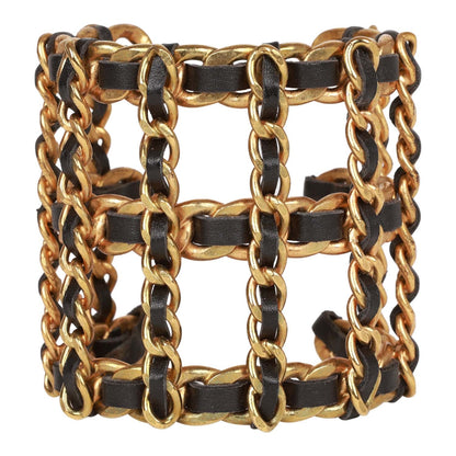 Chanel Vintage Gold Chain and Black Leather Cuff Bracelet