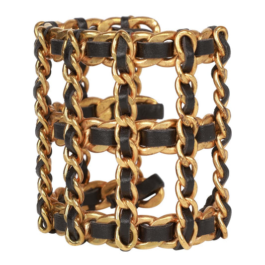 Chanel Vintage Gold Chain and Black Leather Cuff Bracelet