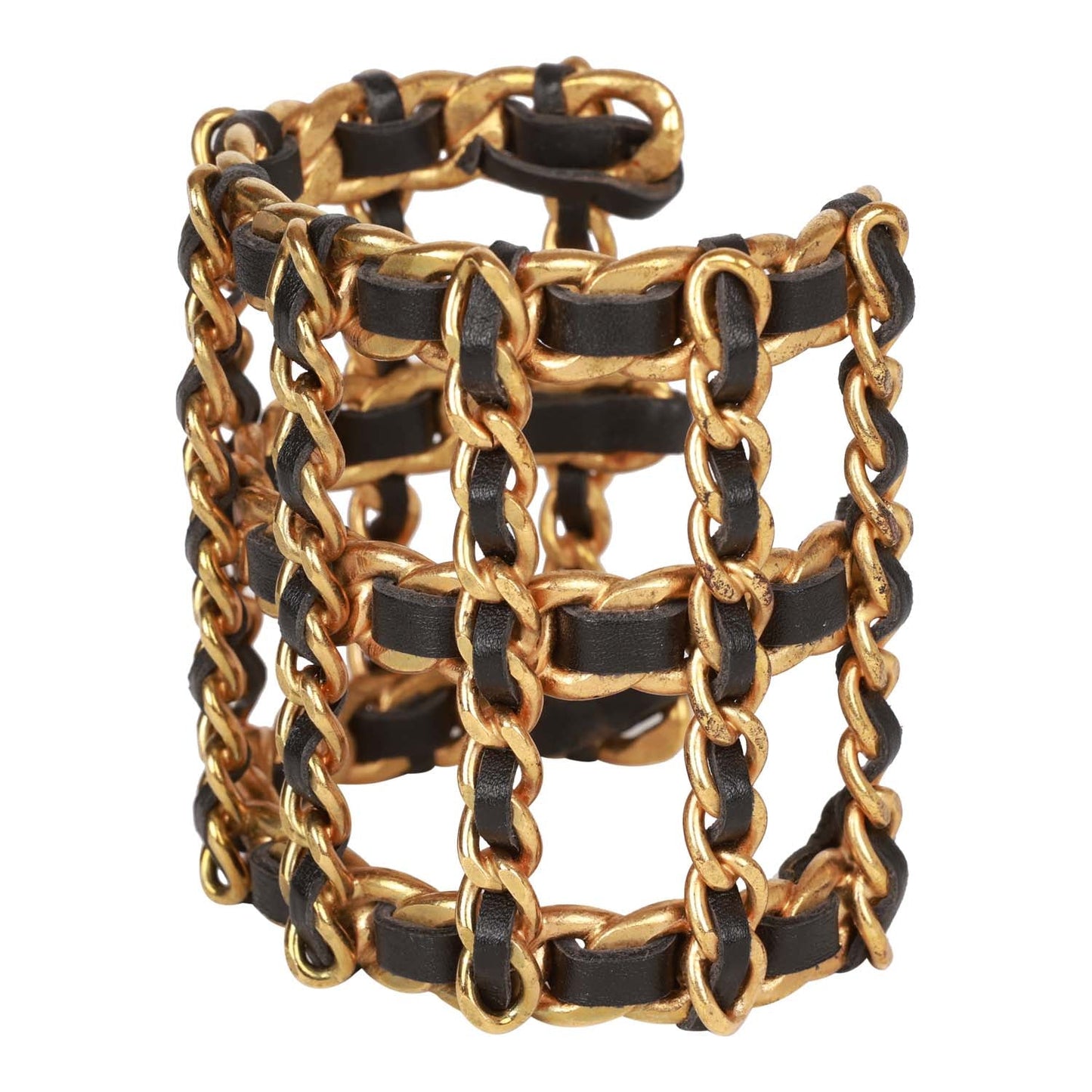 Chanel Vintage Gold Chain and Black Leather Cuff Bracelet