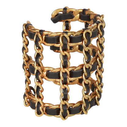 Chanel Vintage Gold Chain and Black Leather Cuff Bracelet