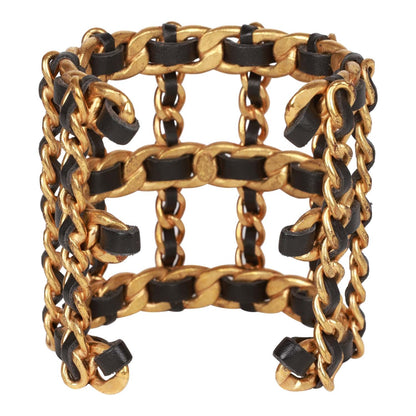 Chanel Vintage Gold Chain and Black Leather Cuff Bracelet