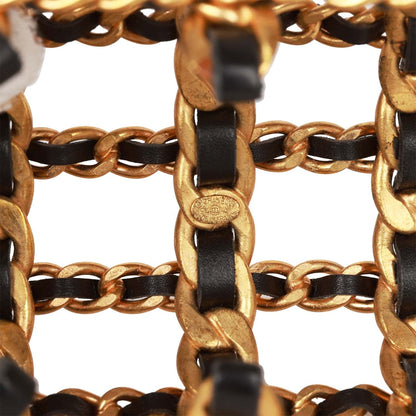 Chanel Vintage Gold Chain and Black Leather Cuff Bracelet