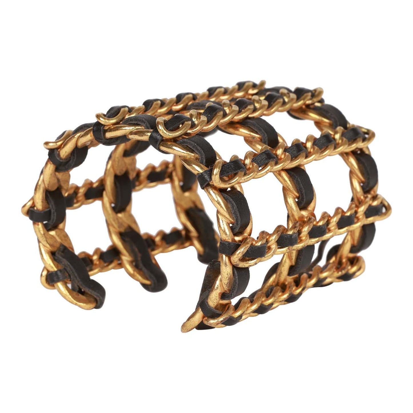 Chanel Vintage Gold Chain and Black Leather Cuff Bracelet
