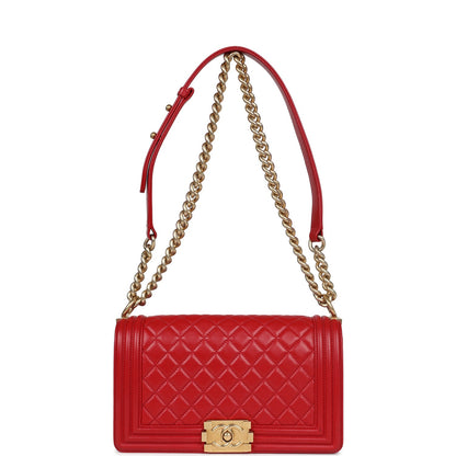 Chanel Medium Boy Bag Red Lambskin Antique Gold Hardware