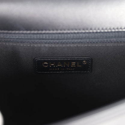 Chanel New Medium Chevron Boy Bag Black Calfskin Antique Gold Hardware