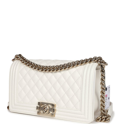 Chanel Medium Boy Bag White Caviar Light Gold Hardware