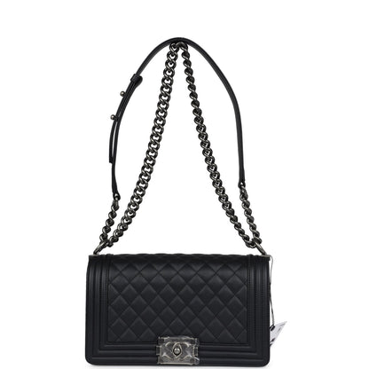 Chanel Medium Boy Bag Black Calfskin Aged Ruthenium Hardware