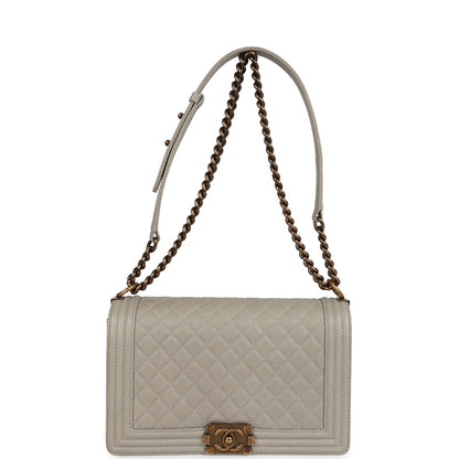 Chanel New Medium Boy Bag Grey Caviar Antique Gold Hardware