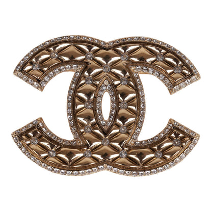 Chanel CC-Logo Gold Tone and Crystal Quilted Large Brooch