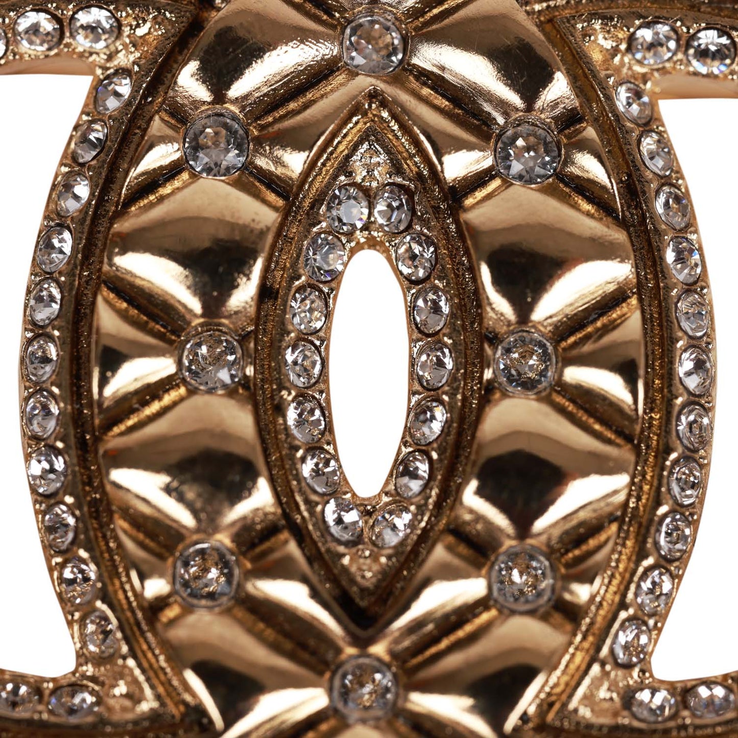 Chanel CC-Logo Gold Tone and Crystal Quilted Large Brooch