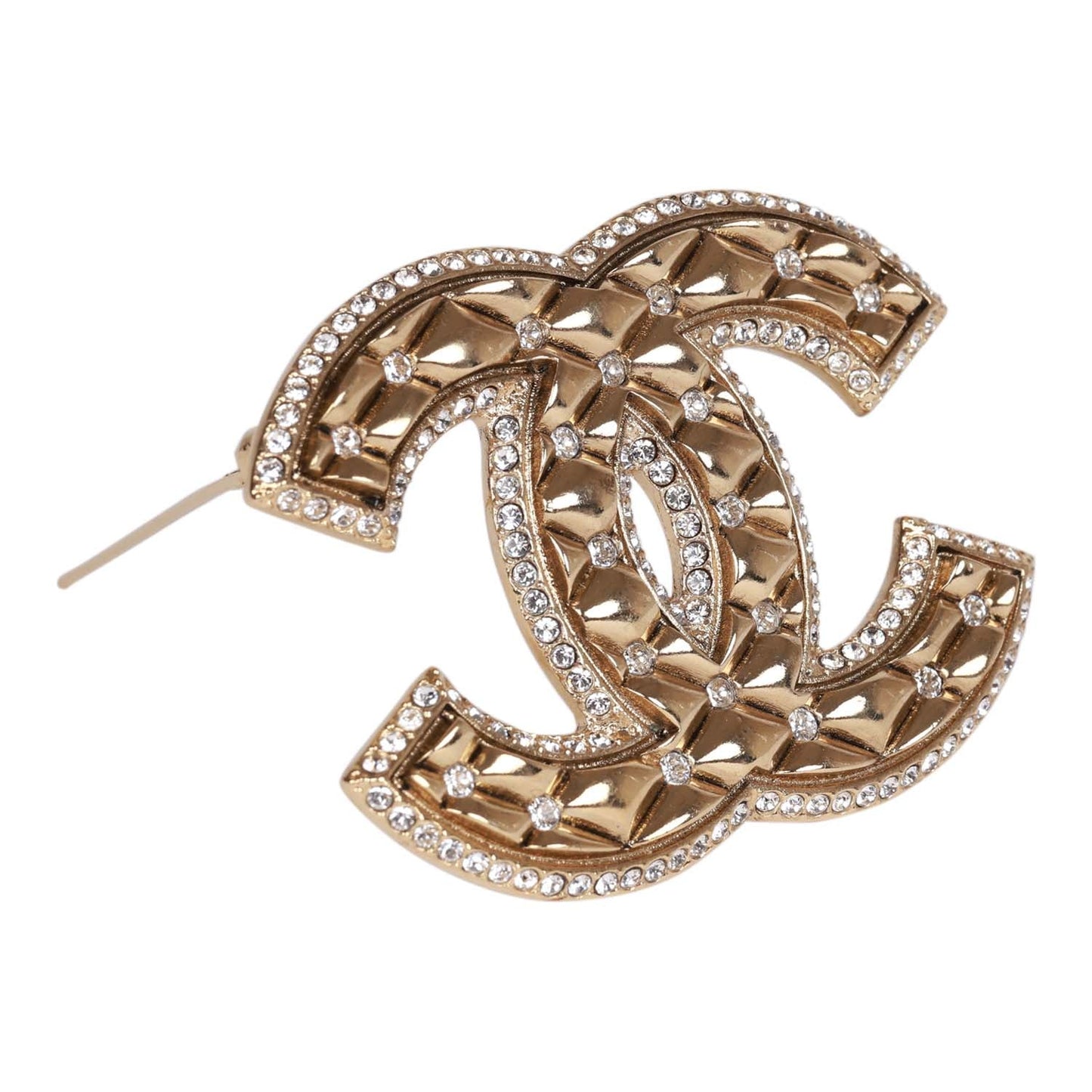 Chanel CC-Logo Gold Tone and Crystal Quilted Large Brooch