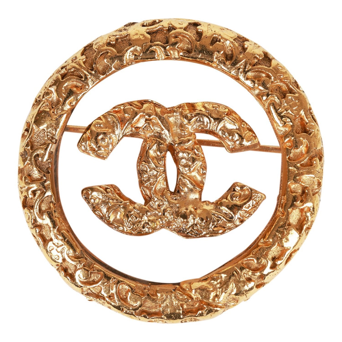 Chanel Vintage 24K Gold Plated Gold Tone CC Lava Textured Brooch