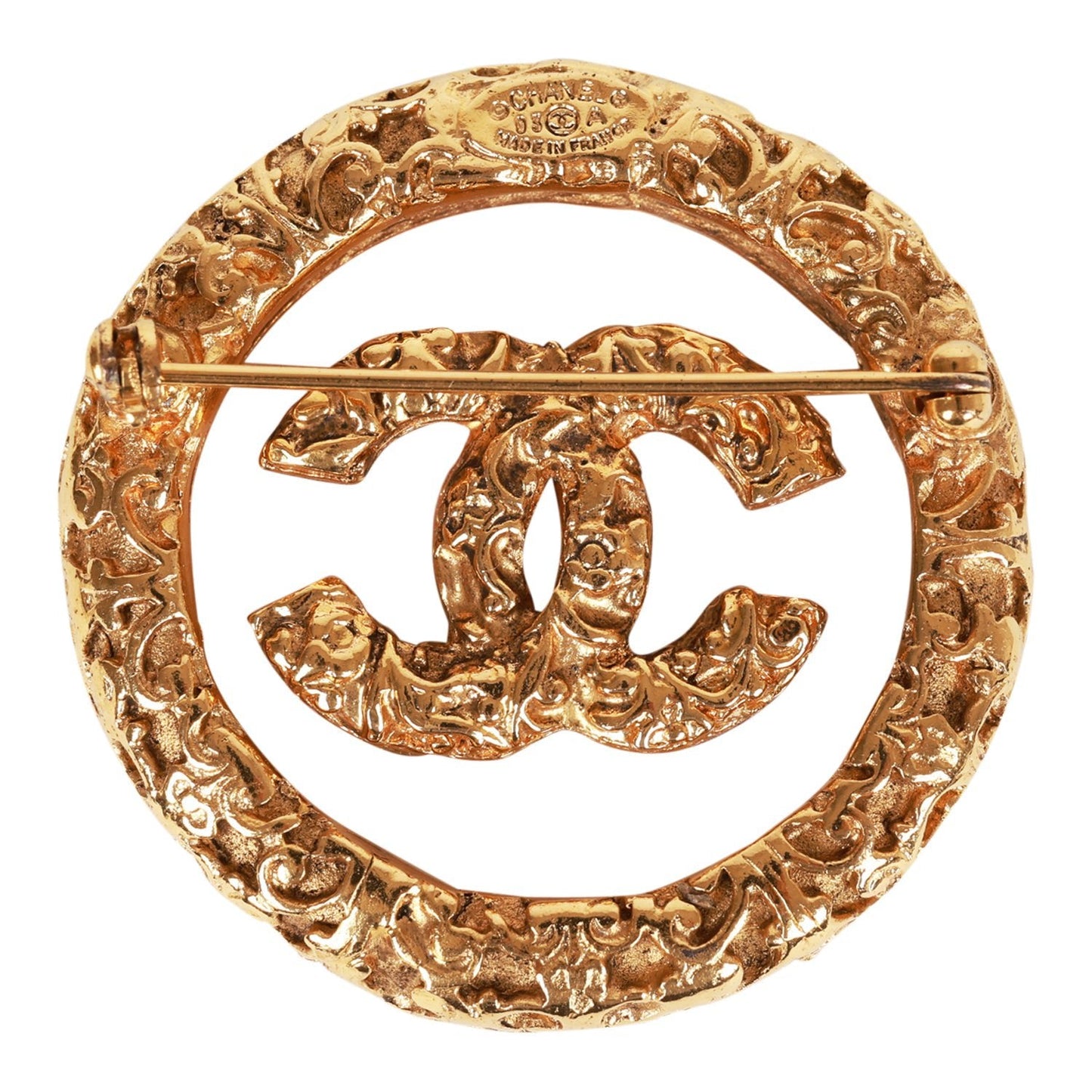 Chanel Vintage 24K Gold Plated Gold Tone CC Lava Textured Brooch