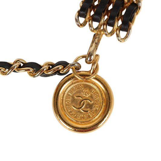 Chanel Vintage 24K Gold Plated Quadruple Layered Chain Belt Black Leather