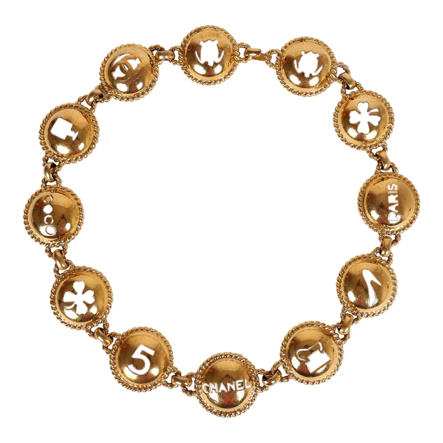 Chanel Vintage 24K Gold Plated Round Cutout Lucky Charms Chain Belt