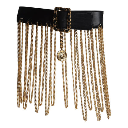 Chanel Vintage 24K Gold Plated Fringe Chain Leather Belt Black Leather