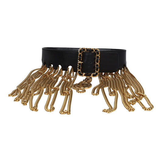 Chanel Vintage 24K Gold Plated Fringe Chain Leather Belt Black Leather