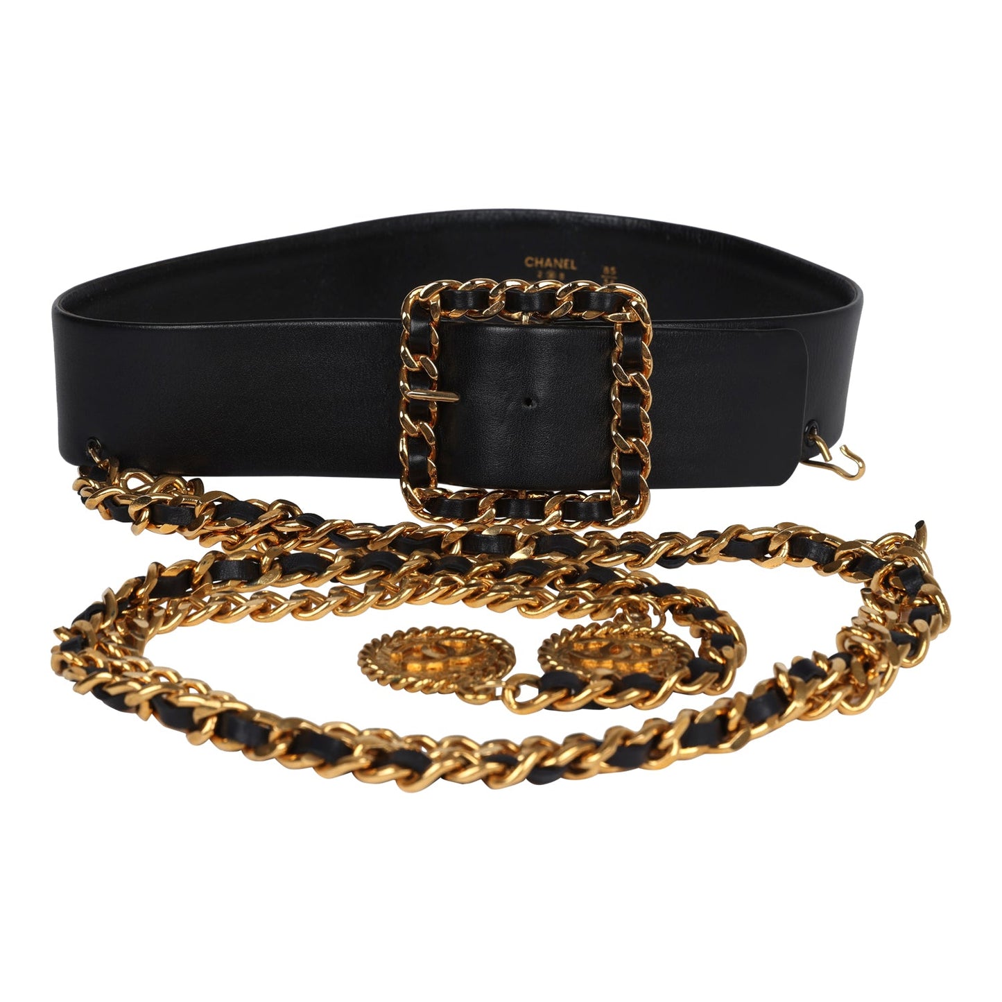Chanel Vintage 24K Gold Plated CC Medallion Chainlink Leather Belt Black Leather
