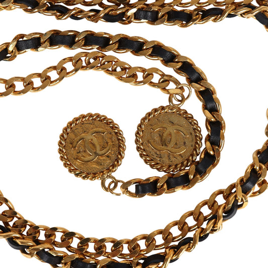 Chanel Vintage 24K Gold Plated CC Medallion Chainlink Leather Belt Black Leather