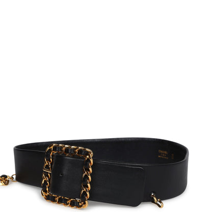 Chanel Vintage 24K Gold Plated CC Medallion Chainlink Leather Belt Black Leather
