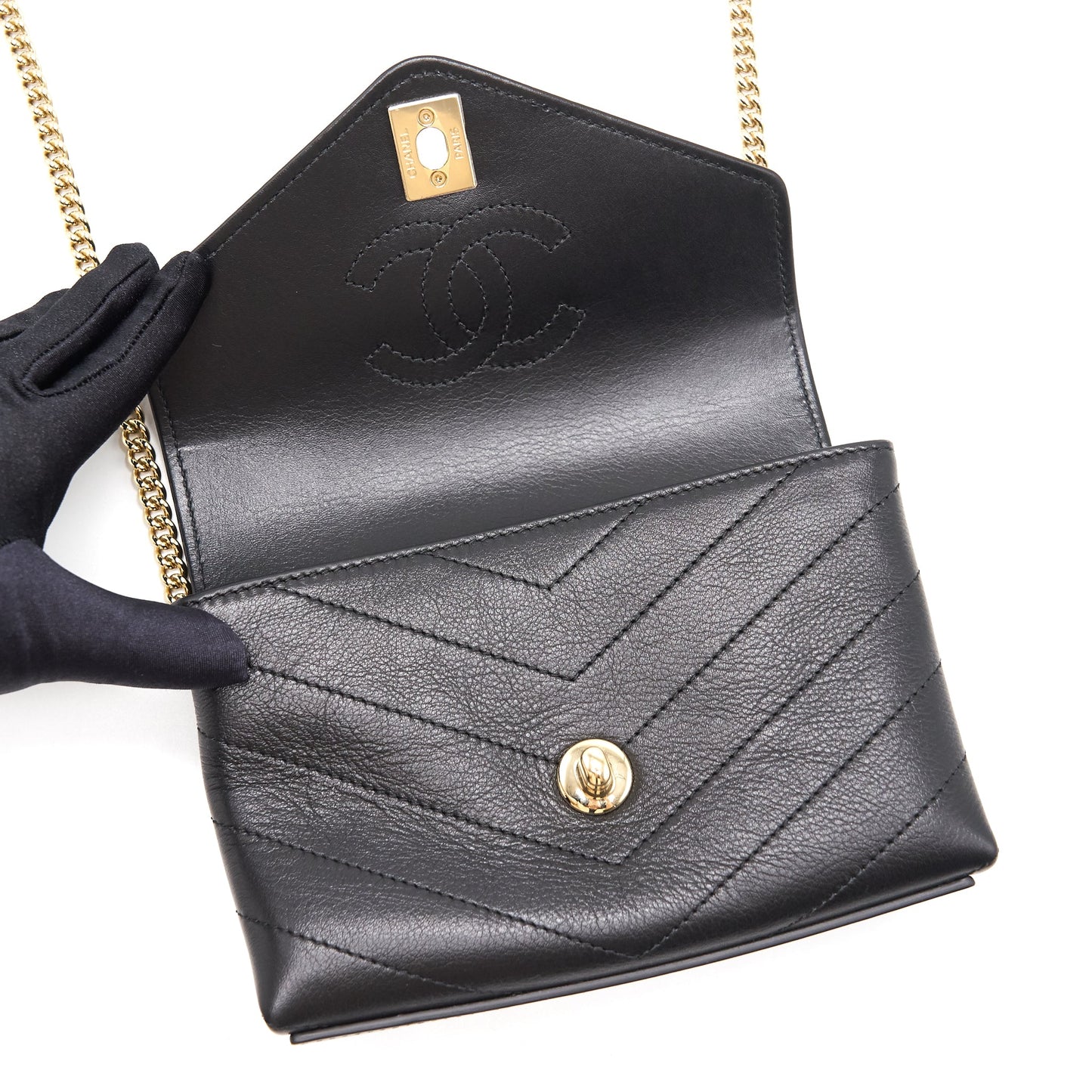 Chanel Calfskin Chevron Leather Chain Waist Bag Black