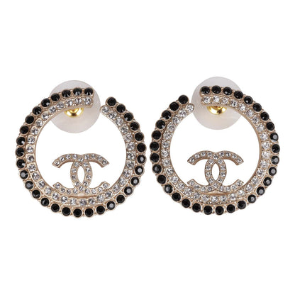 Chanel Gold, Black and Crystal CC Hoop Earrings