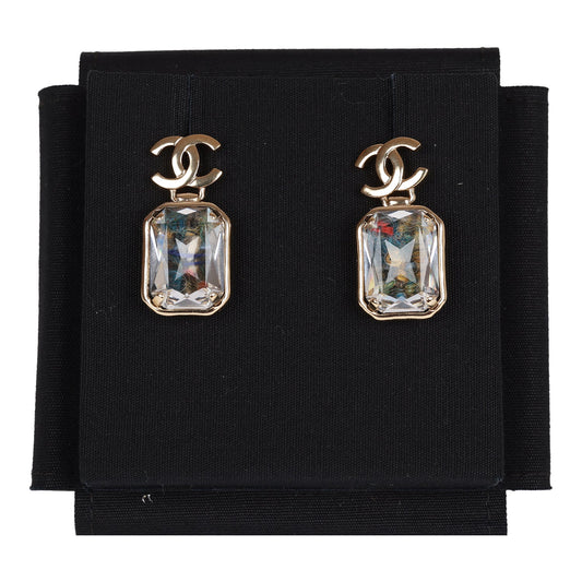 Chanel Gold Crystal CC Pendant Earrings
