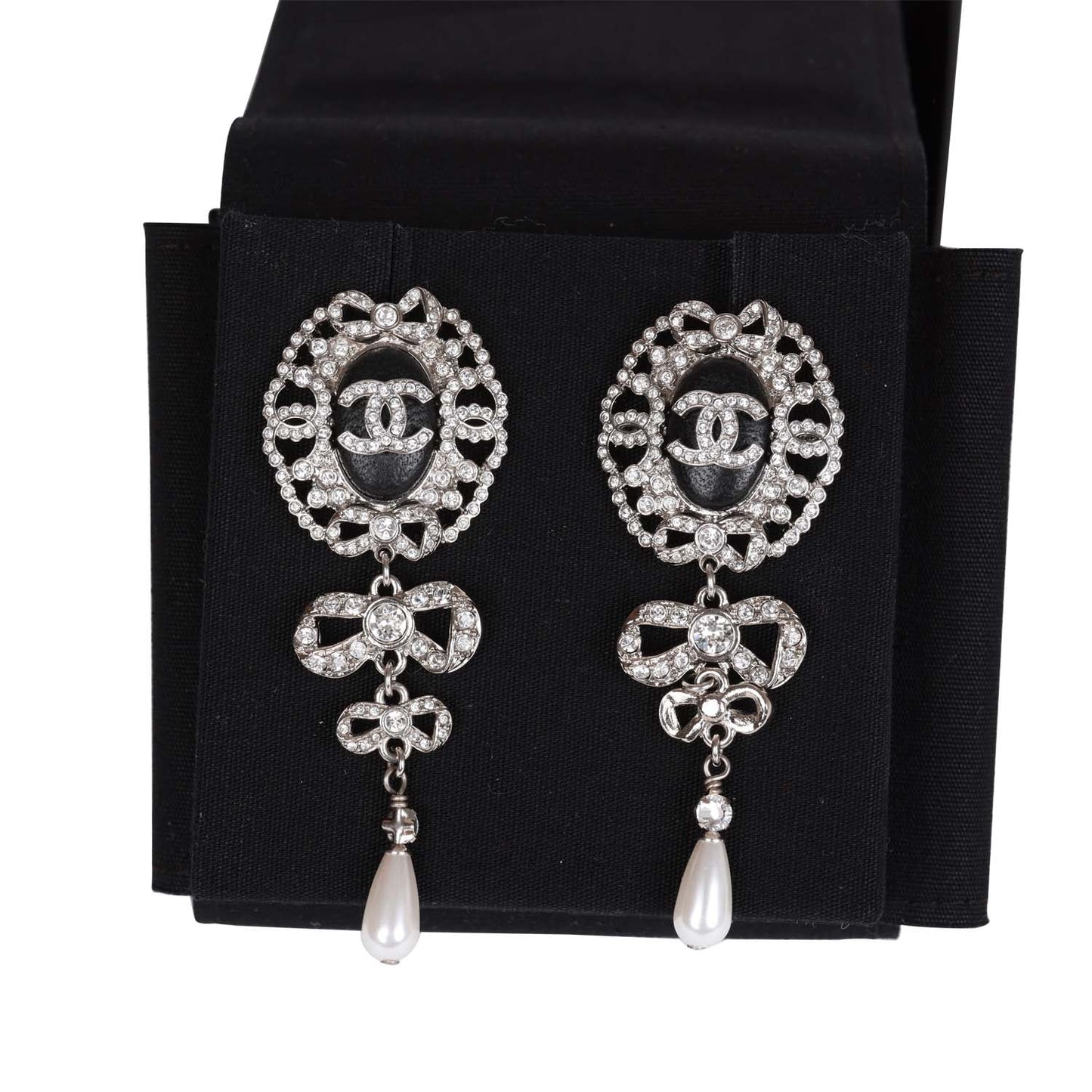 Chanel Silver Crystal and Pearl Pendant Drop Earrings