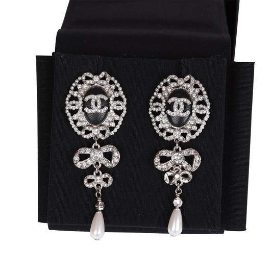 Chanel Silver Crystal and Pearl Pendant Drop Earrings