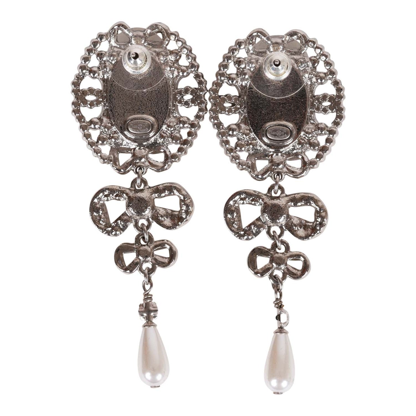 Chanel Silver Crystal and Pearl Pendant Drop Earrings