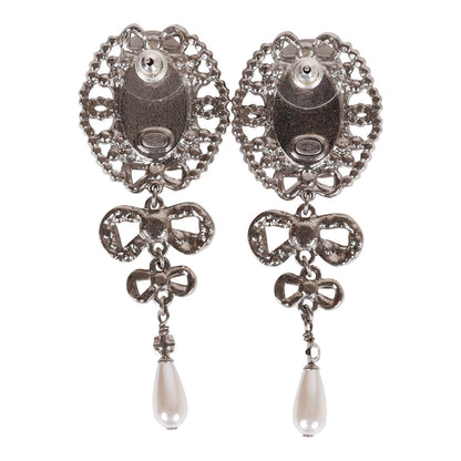 Chanel Silver Crystal and Pearl Pendant Drop Earrings