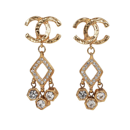 Chanel Vintage 24K Gold Plated Textured CC and Rhinestone Chandelier Clip Earrings